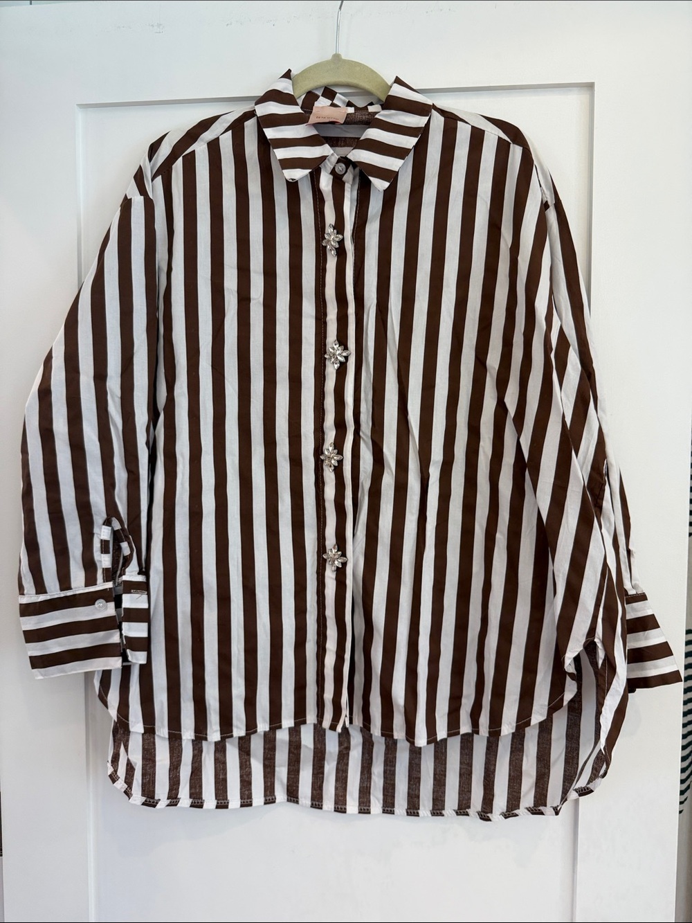 Zeta Otto Oversized Striped Shirt with Rhinestone Buttons XL